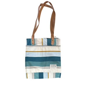 NWOT FEED Projects Blue Coastal Stripe Canvas Market Tote Bag W. Multi Pockets